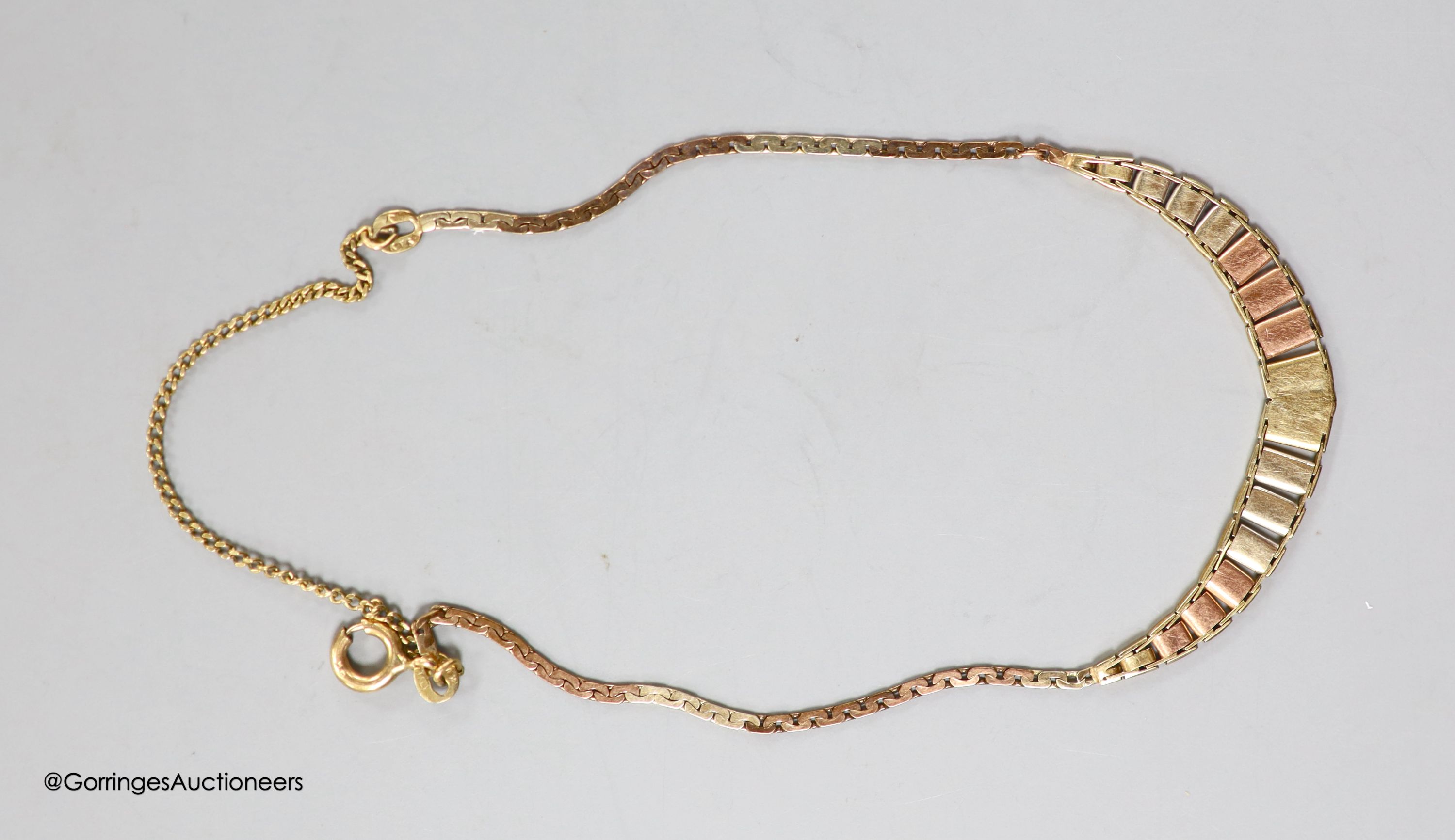 A 9ct three-colour gold bracelet, 3.6 grams and an 18ct gold partially-gem-set ring, gross 2.1 grams.